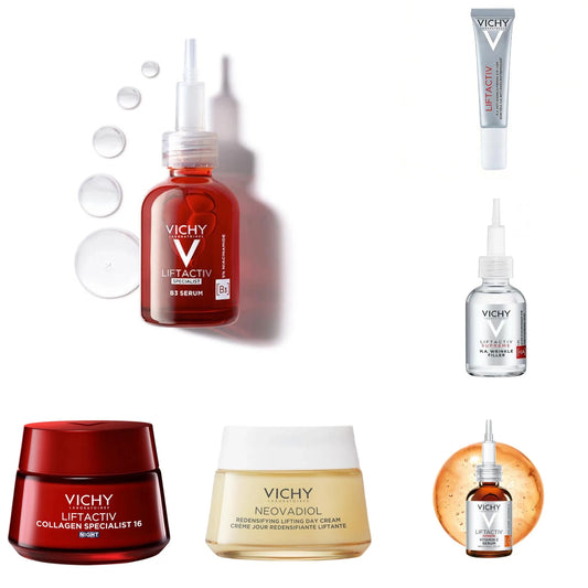 Vichy skincare products including serum, cream, and eye cream on a white background