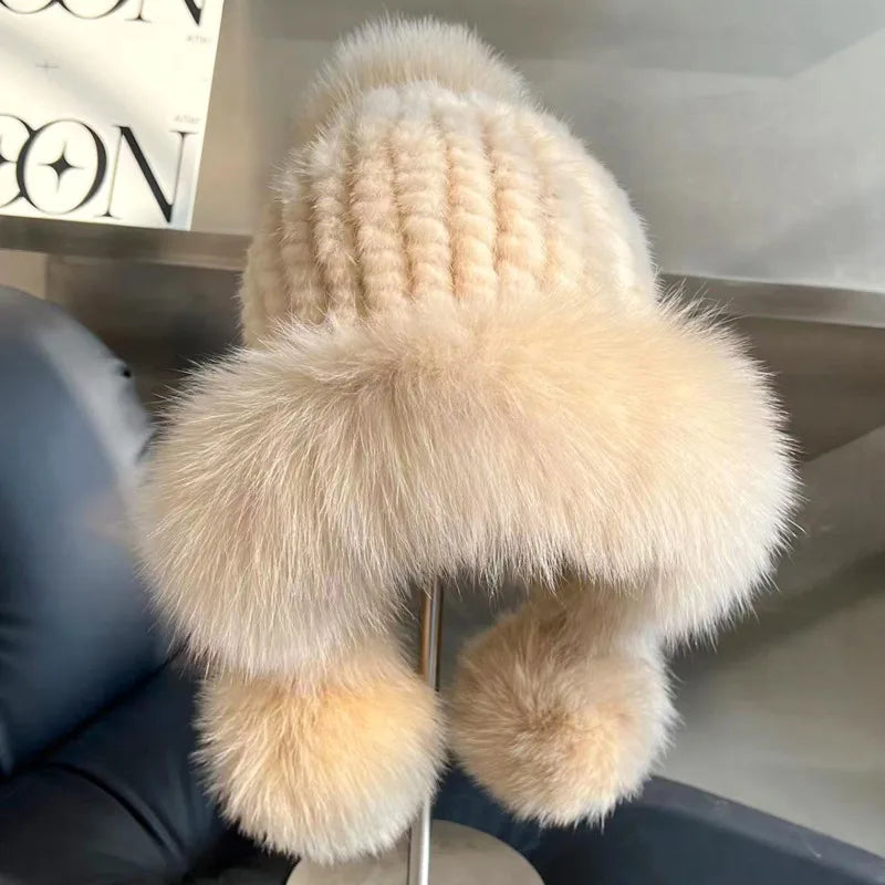 Real Mink Fur Hatfor Women Woven Fur Fisherman Hat With Fox Fur Ball  Thickened Warm Ear Protection Hat Hand Beanies Bonnets Cap