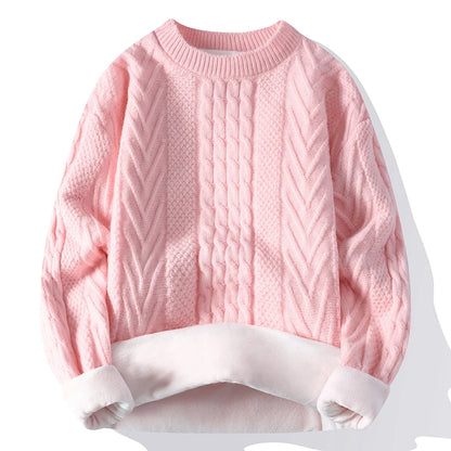 Men's Clothing Autumn Winter Flocking Solid Color Pullover Lantern Long Sleeve O-Neck Sweater Knitted England Style Stylish Tops