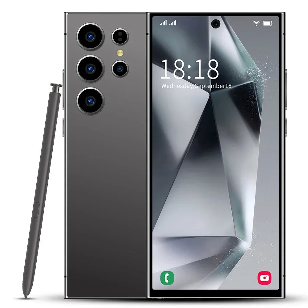 Smartphone with stylus on a white background