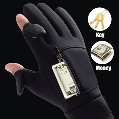 Black glove with a built-in wallet, keychain, and money clip on a black background.
