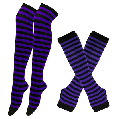 1 Set Damen Mädchen Overknee Lange Gestreifte Bedruckte Oberschenkelhohe Baumwollsocken Armstulpen Handschuhe Süße Niedliche Plus Size Overknee-Socken