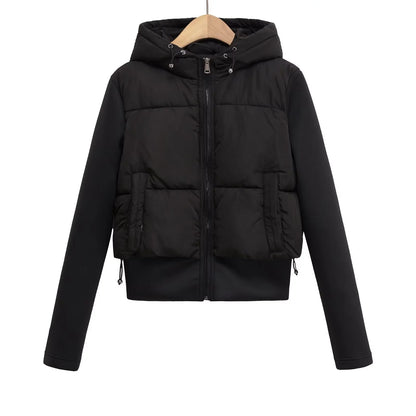 UNIZERA2025 autumn new women's casual fashion slim stretch fabric splicing cotton coat warm hooded cotton coat
