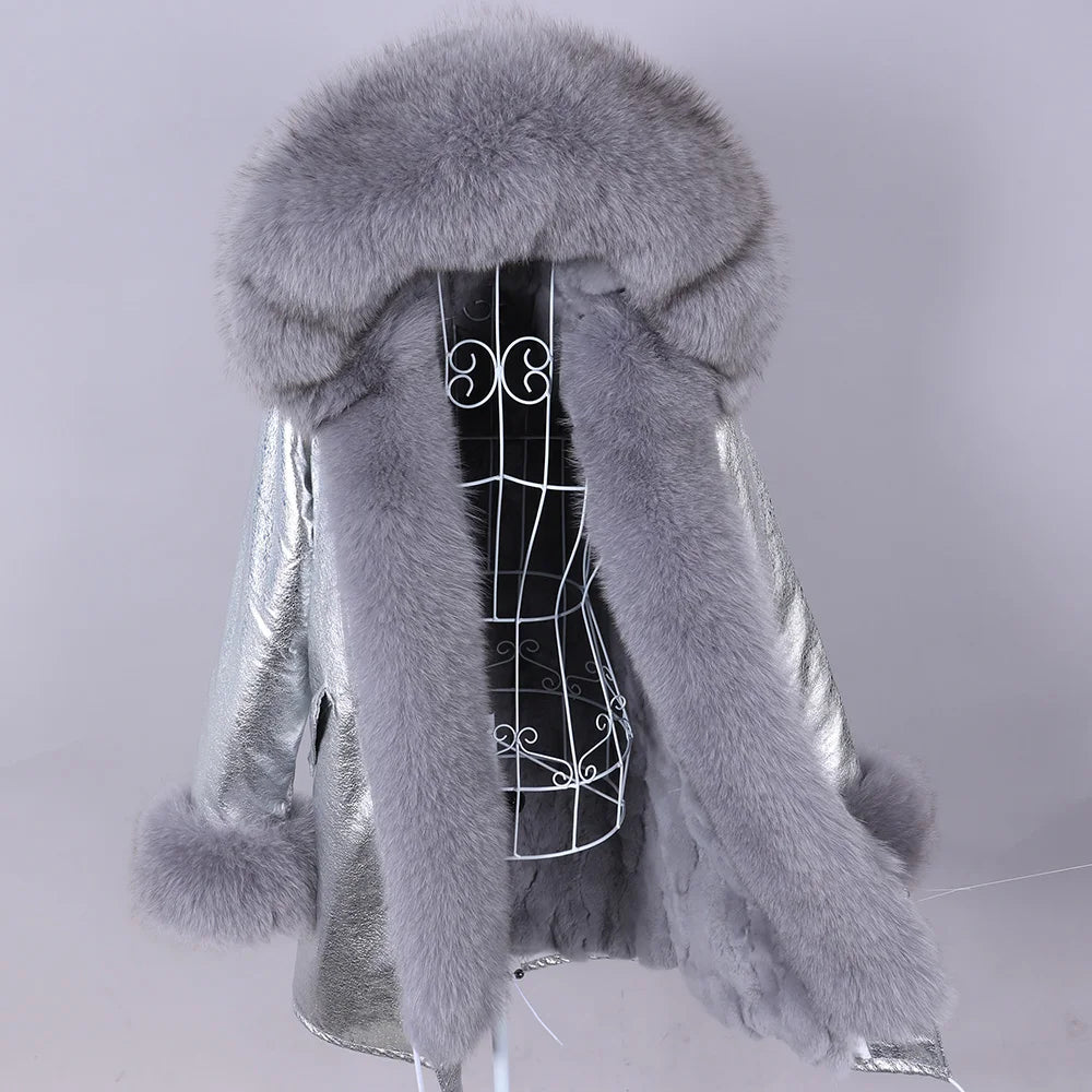 MAOMAOKONG 2023 Abnehmbarer Echtfuchs Pelzkragen Mäntel Damen Winterjacke Kapuze Kaninchenfellfutter Lange Parkas Damenbekleidung