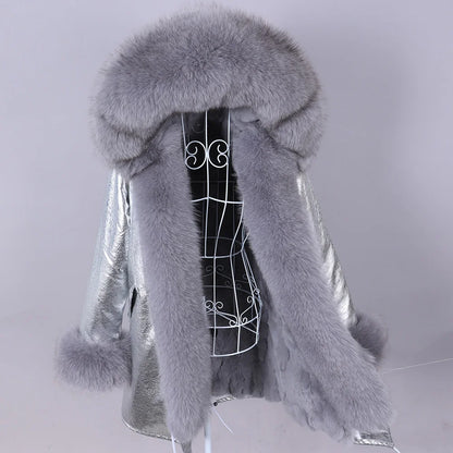 MAOMAOKONG 2023 Abnehmbarer Echtfuchs Pelzkragen Mäntel Damen Winterjacke Kapuze Kaninchenfellfutter Lange Parkas Damenbekleidung