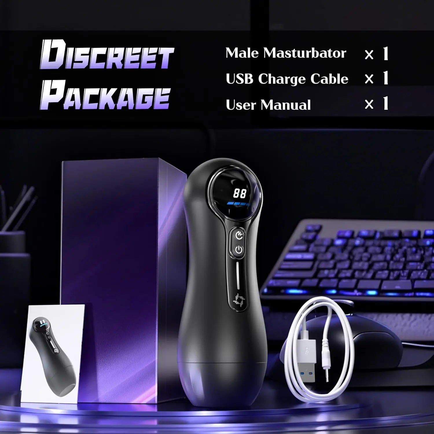 Discreet package with male masturbator, USB charge cable, and user manual on a dark background.