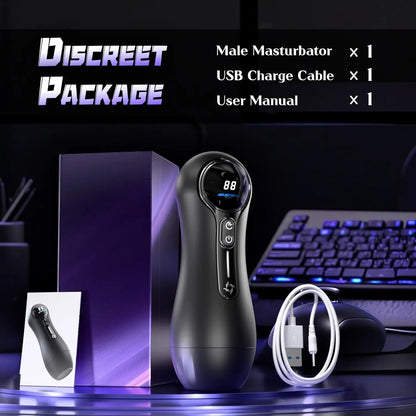 Discreet package with male masturbator, USB charge cable, and user manual on a dark background.
