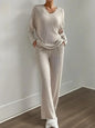 Autumn Winter 2 Pieces Sweater V-neck Ribbed Knit Tops and Trousers Matching Set Women Homewear Casual Outfits