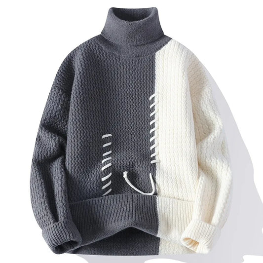Men's Turtleneck Patchwork Knit Pullover Streetwear Loose