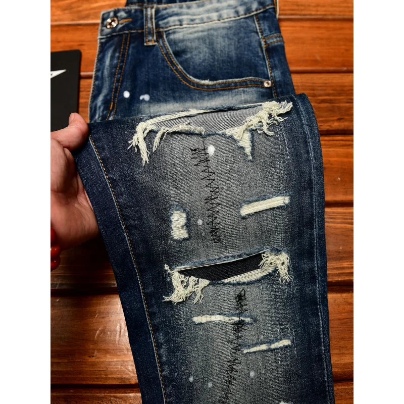 Men's Nostalgic Slim Jeans – Patched Inkjet Denim