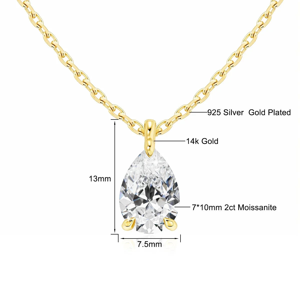Gold necklace with a teardrop-shaped gemstone, showing material details and dimensions.