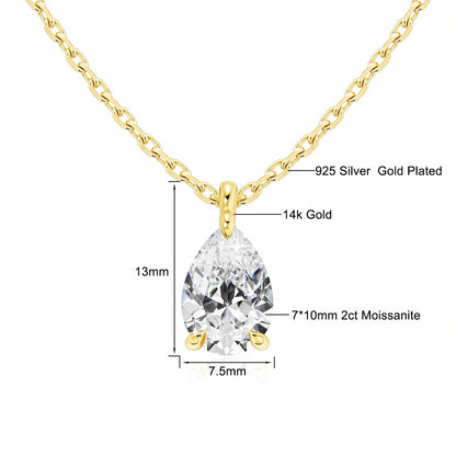 Gold necklace with a teardrop-shaped gemstone, showing material details and dimensions.