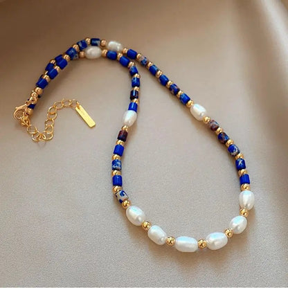 New Arrival 100% Natural Freshwater Pearl & Lapis Lazuli Stone 14K Gold Filled Female Beads Chain Necklace Jewelry For Women