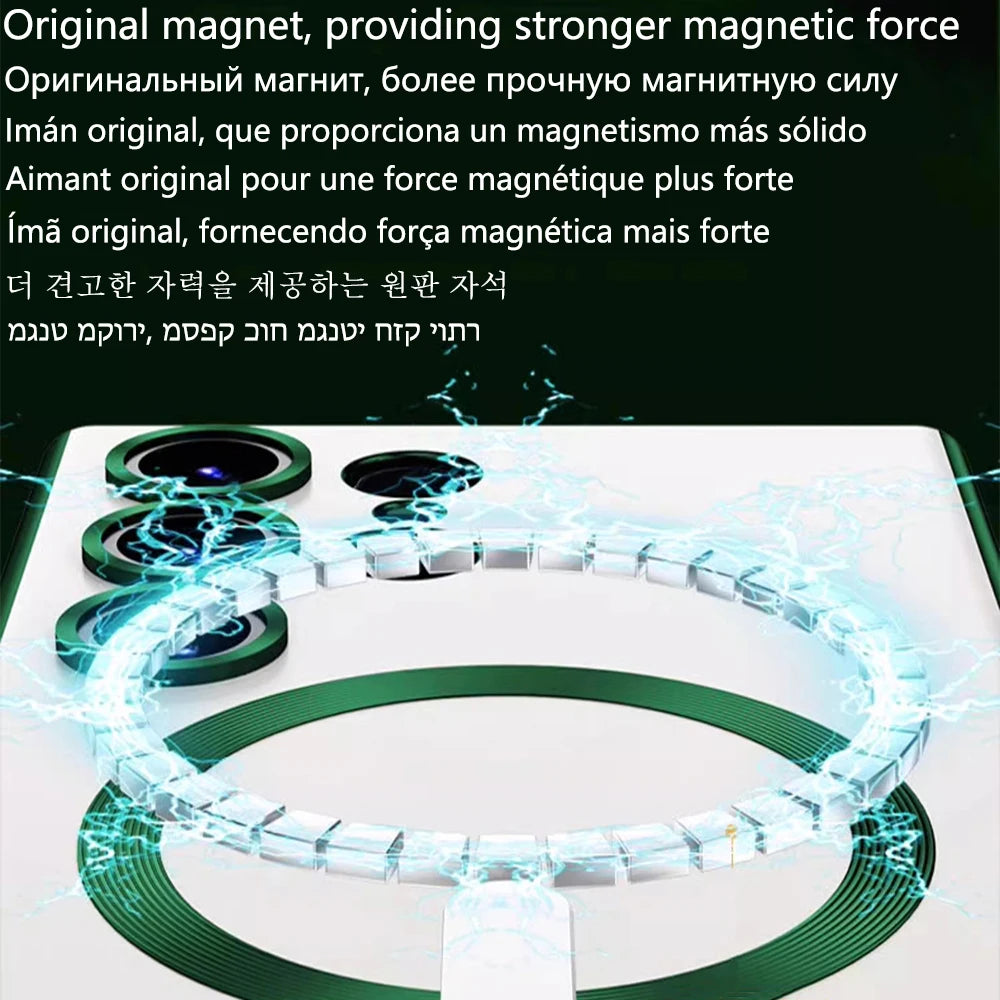 Magnetic strip with glowing effect on a white background, surrounded by text in multiple languages.