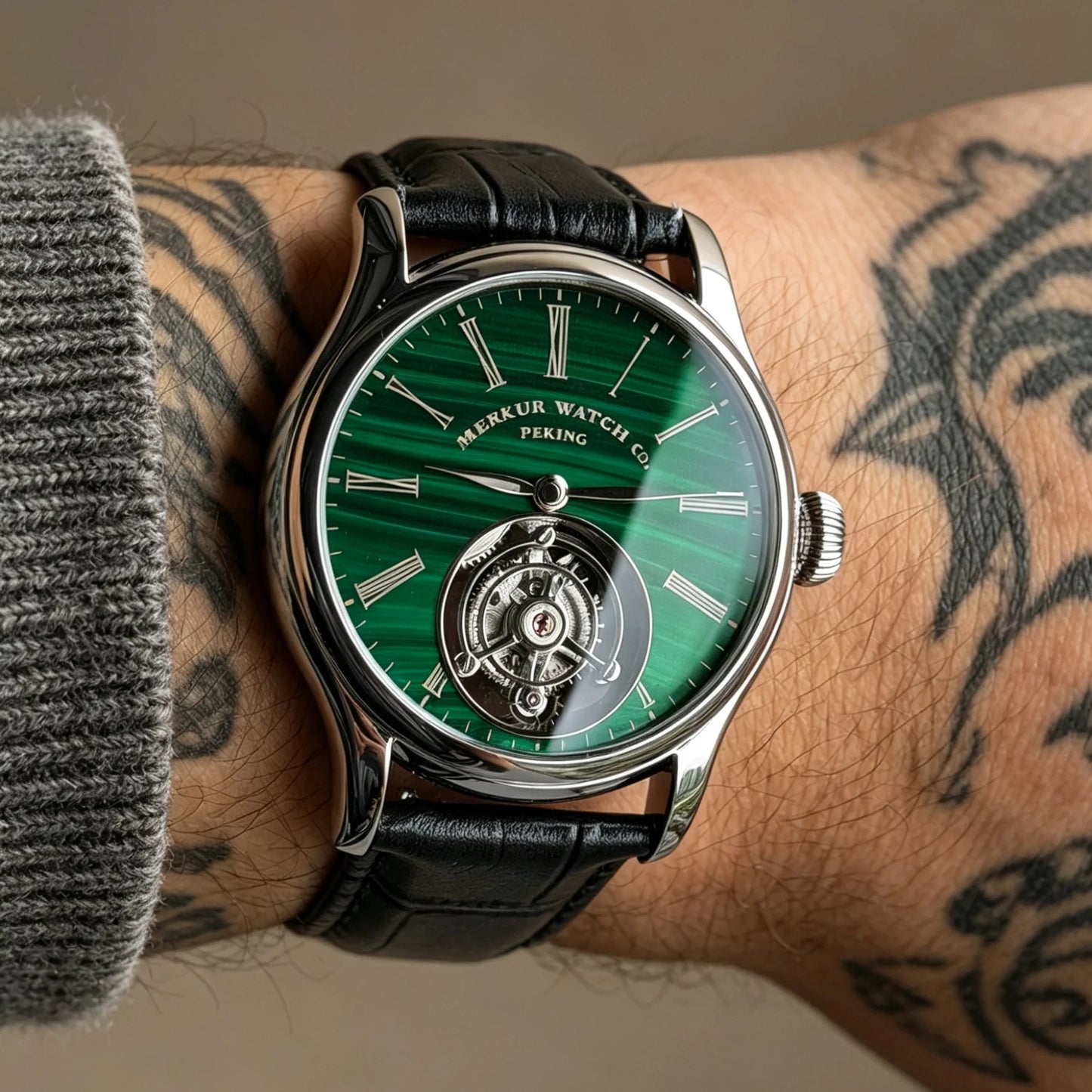 100% Tourbillon Watch Natural Stone Dial Malachite Sapphire Mechanical Wrist Watches