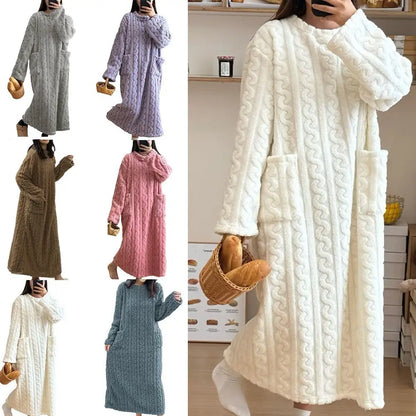 Winter Women Flannel Nightgowns Long Sleeve Double Pocket Loose Solid Sleepwear Jacquard Night Dress Thickened Warm Nightdress