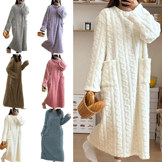 Winter Women Flannel Nightgowns Long Sleeve Double Pocket Loose Solid Sleepwear Jacquard Night Dress Thickened Warm Nightdress