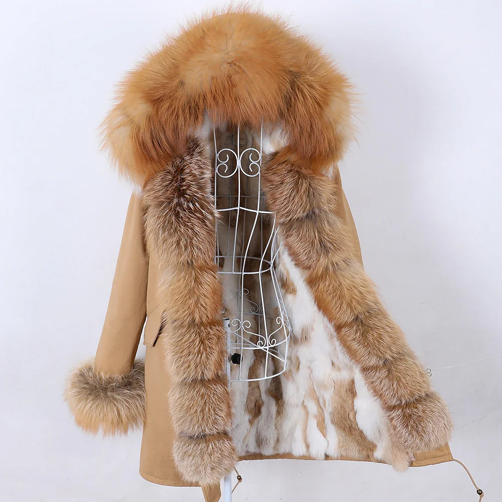 MAOMAOKONG 2023 Abnehmbarer Echtfuchs Pelzkragen Mäntel Damen Winterjacke Kapuze Kaninchenfellfutter Lange Parkas Damenbekleidung