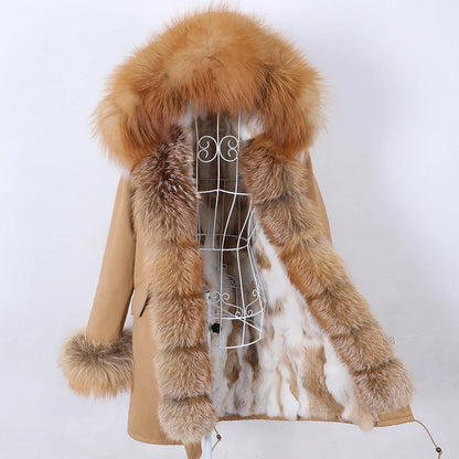 MAOMAOKONG 2023 Abnehmbarer Echtfuchs Pelzkragen Mäntel Damen Winterjacke Kapuze Kaninchenfellfutter Lange Parkas Damenbekleidung