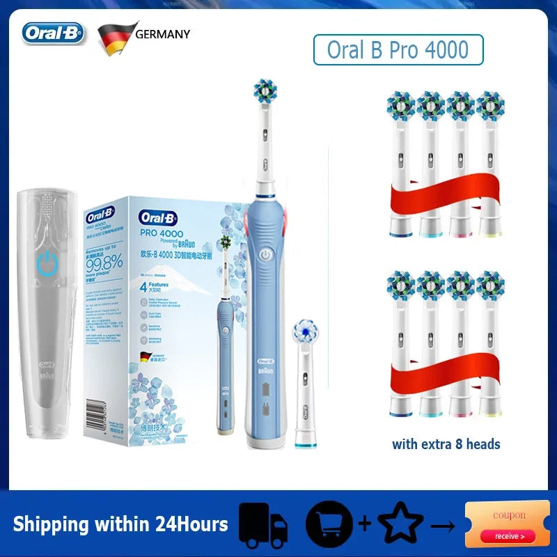 Oral B Elektrische Zahnbürste Pro 4000 3D-Reinigung Tägliche Reinigung Zähne Sichtbarer Andrucksensor 4 Modi Zahnfleischpflege Wasserdicht Wiederaufladbar
