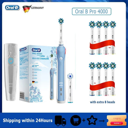 Oral B Elektrische Zahnbürste Pro 4000 3D-Reinigung Tägliche Reinigung Zähne Sichtbarer Andrucksensor 4 Modi Zahnfleischpflege Wasserdicht Wiederaufladbar