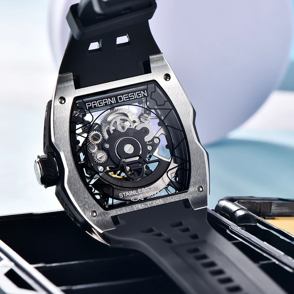 Pagani Design watch with black strap and transparent case on a light blue background