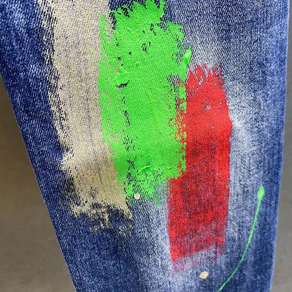Luxury Brand 2025 Printing Graffiti Jeans Men's Fashion Ripped Spray Paint Pants Ruffian Handsome Punk Streetwears Pants Man