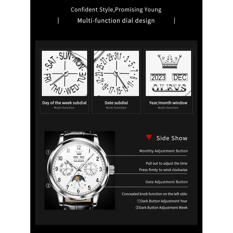 OLEVS Automatic Moon Phase Watch for Men — Leather, Waterproof, Luminous