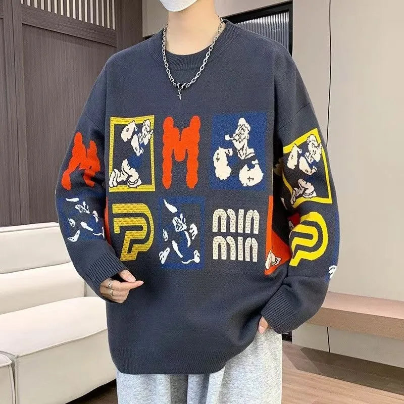 Streetwear Amerikanische Persönlichkeit Buchstabenmuster gestrickter Herren Pullover Y2K Goth Harajuku Freizeitmode Sweatshirt Paar Trend Top