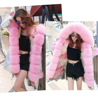 MAOMAOKONG Brand Long Winter Jacket Women Outwear Thick Parkas Natural Real Fox Fur Collar Coat Hooded Pink Female Clothing