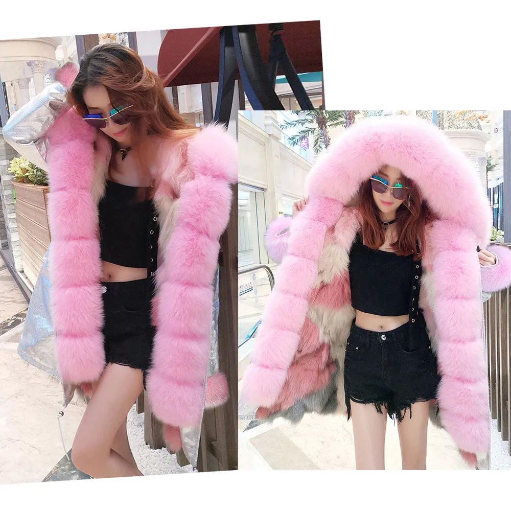 MAOMAOKONG Brand Long Winter Jacket Women Outwear Thick Parkas Natural Real Fox Fur Collar Coat Hooded Pink Female Clothing