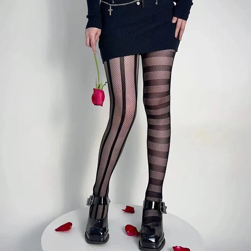 Stripe Asymmetric Tights Women's Pantyhose High Elasticity Lace Hollow Fishnet Sexy Stockings Classic Ladies Gothic Pantyhose