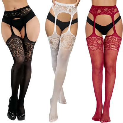 Three pairs of lace lingerie and stockings in black, white, and red on a white background.