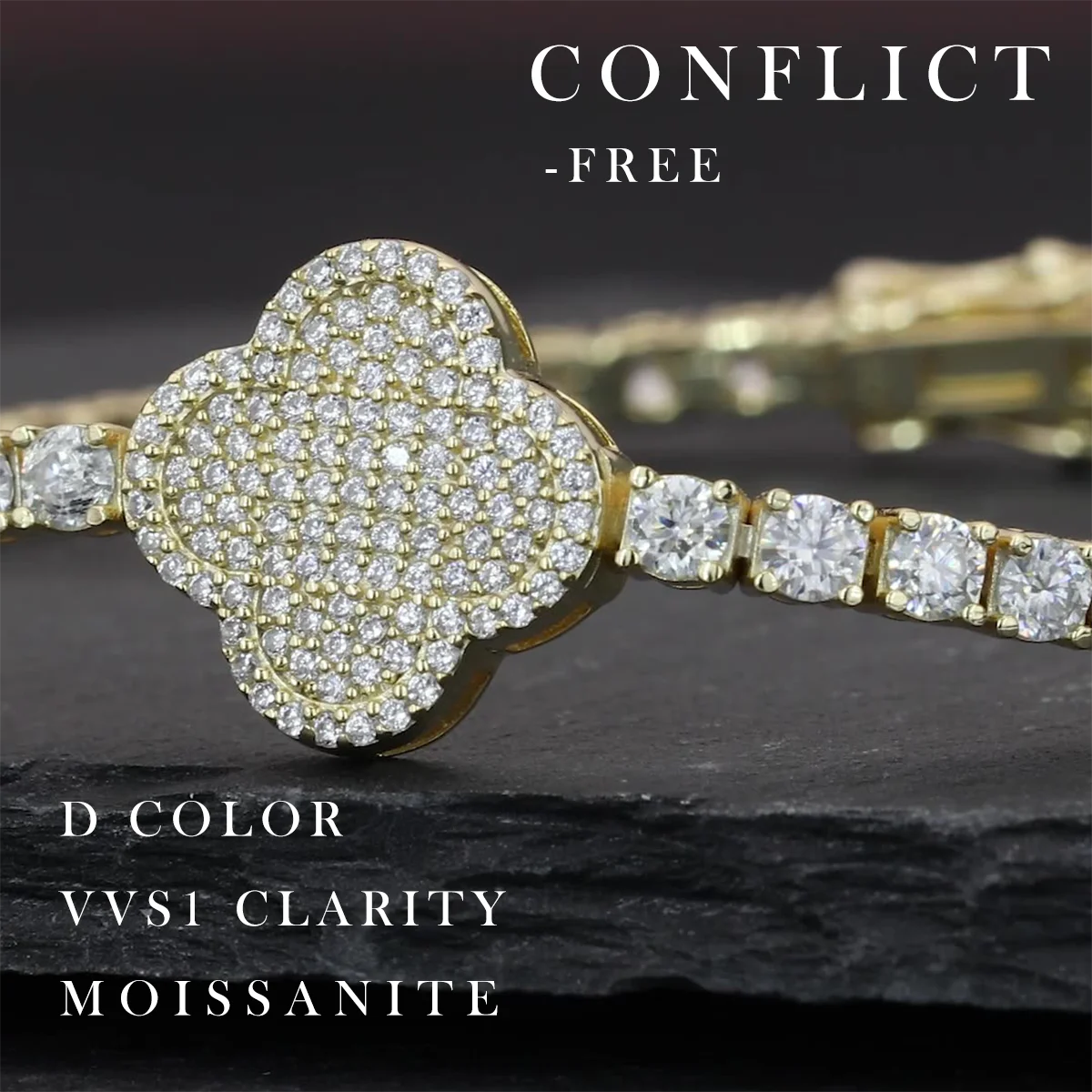 Gold bracelet with diamond-like stones on a dark background, featuring text about diamond quality.