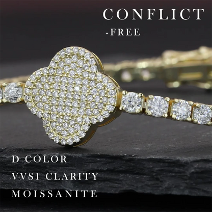 Gold bracelet with diamond-like stones on a dark background, featuring text about diamond quality.
