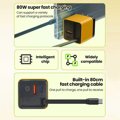 80W Super Fast Charge Type C USB Phone Charger With Telescopic USB C Cable For Iphone 16 15 Samsung Laptop With Light