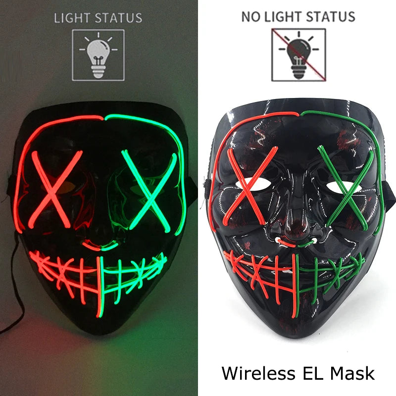 Drahtlose Neon-LED-Reinigungsmaske, im Dunkeln leuchtende Cosplay-Horrormaske, Halloween-Maskerade-Partymasken, leuchtende, lustige Verkleidung