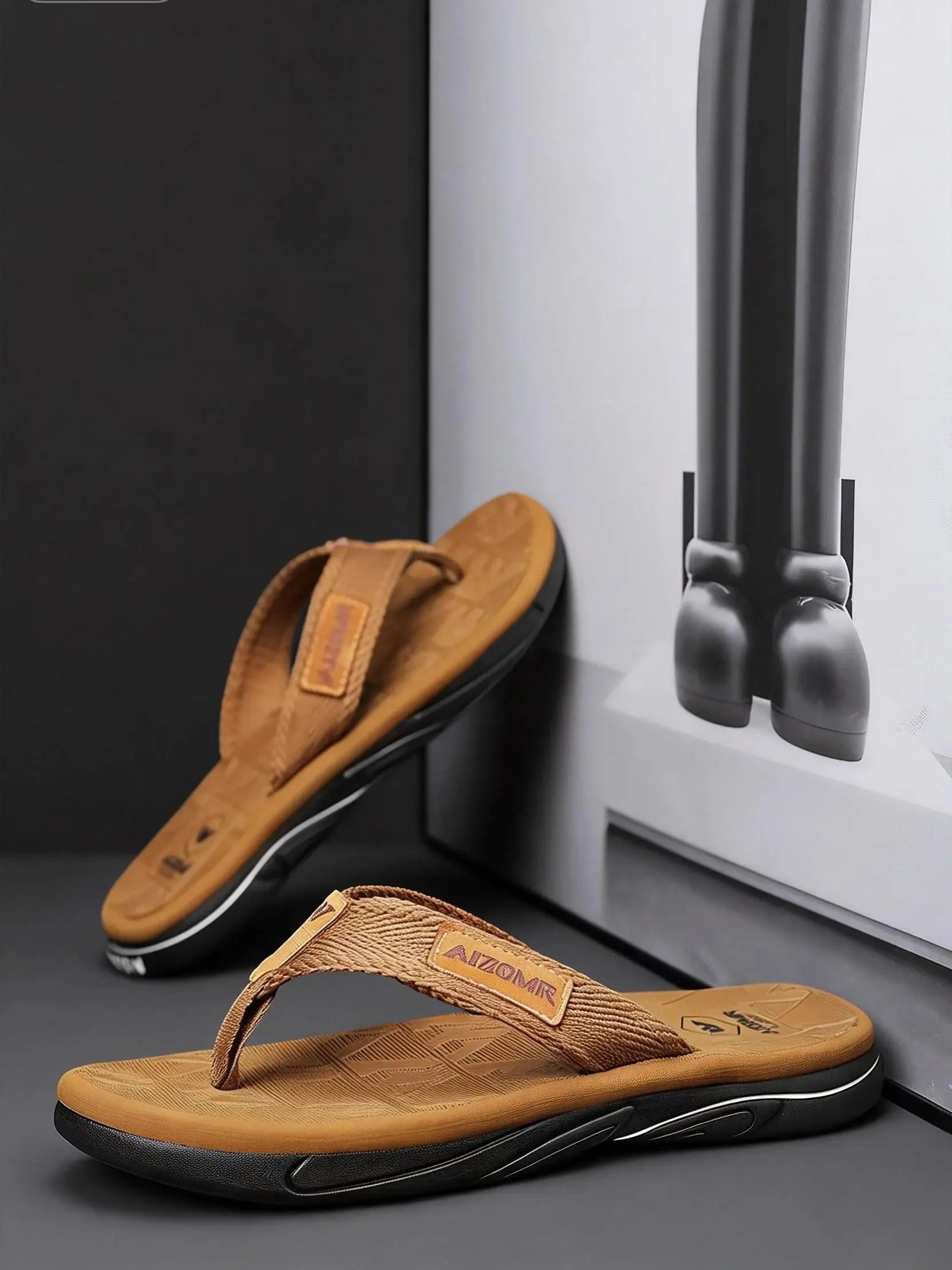 Brown sandals with a visible brand logo on a gray surface.