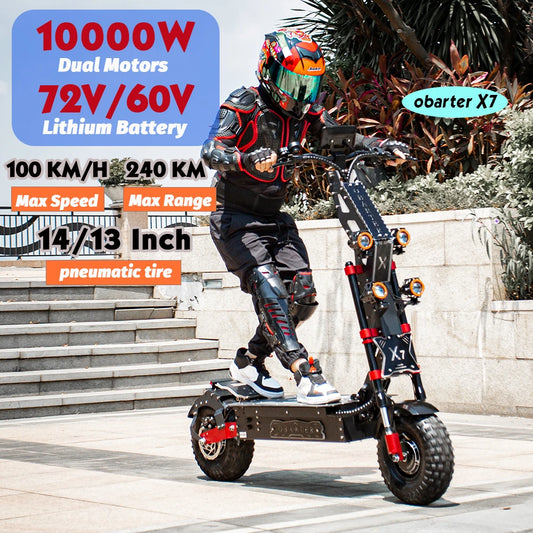 Person riding a scooter with promotional text about its specifications.