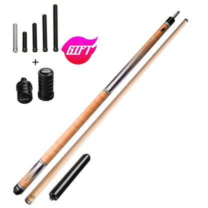 Two pool cues with accessories on a white background, featuring a 'Gift' logo.
