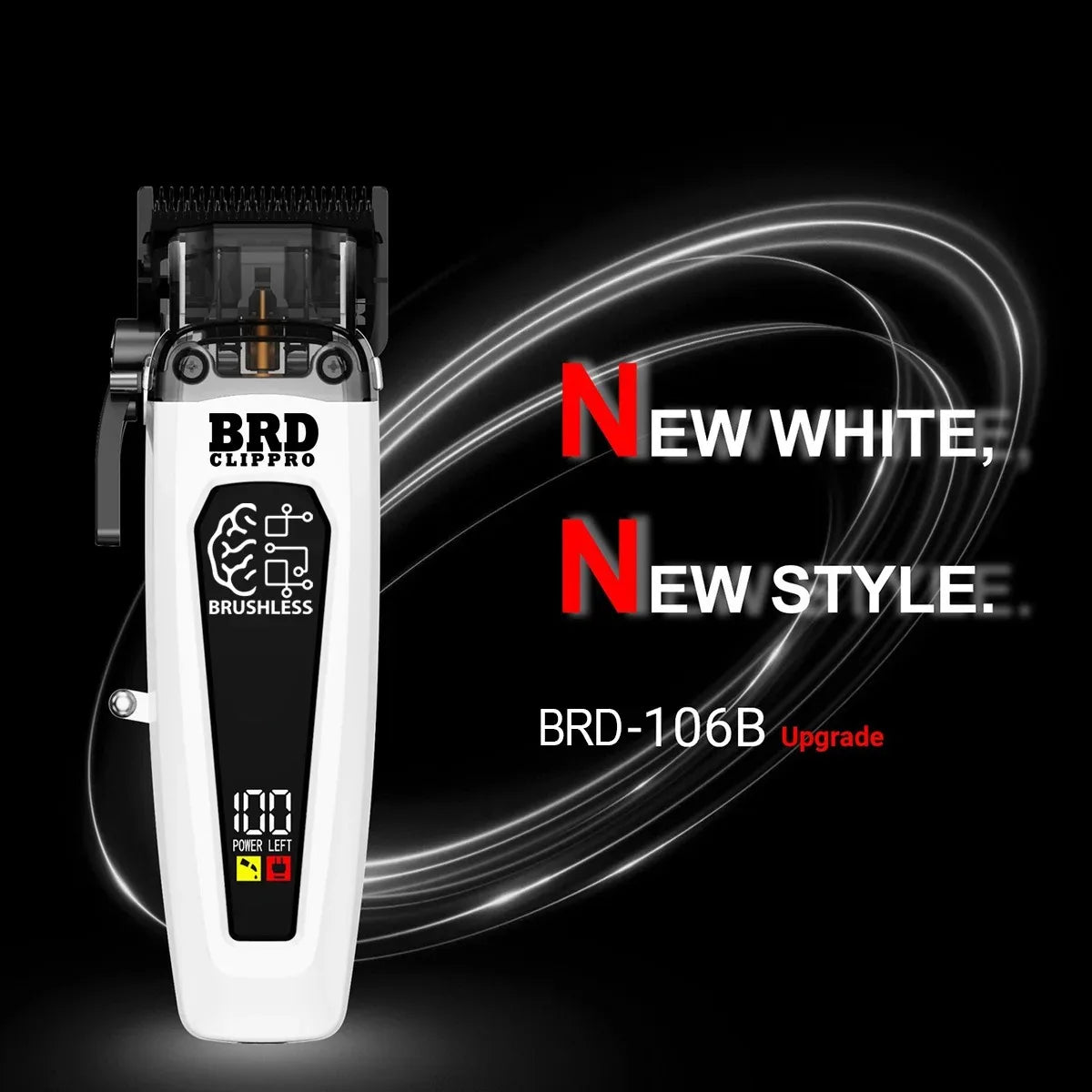 Hair clipper with 'BRD Clippro' branding on a black background with dynamic light effects.