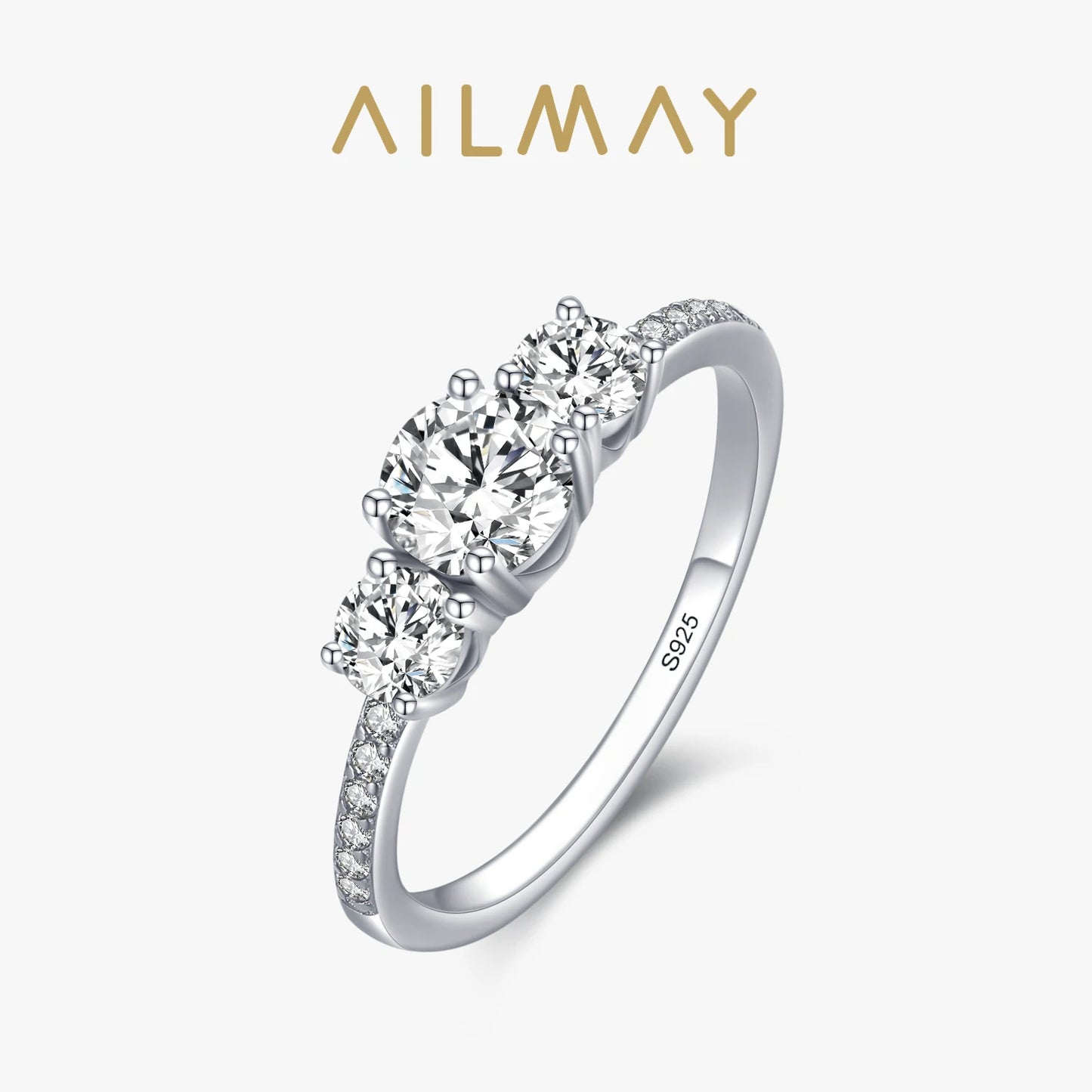 Ailmay Genuine 925 Sterling Silver Luxury Round Emerald Cut Dazzling Zircon Finger Rings For Women Wedding Fine Jewelry Bague