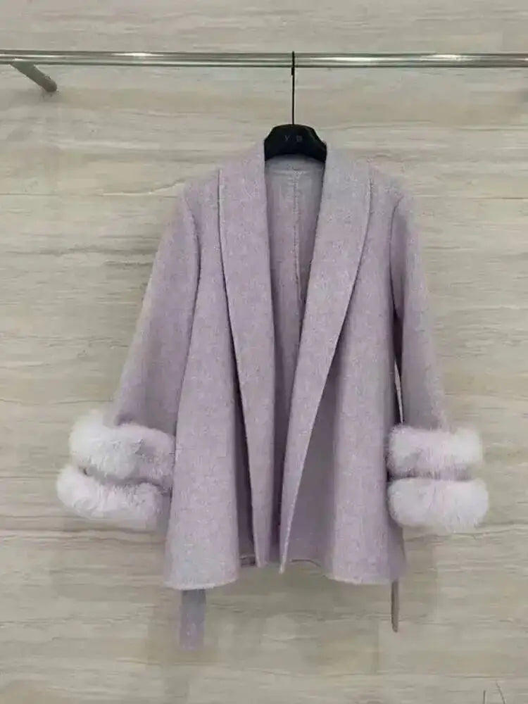 UCXQ Eleganter OL Business-Mantel Pelz-Patchwork Langarm Wollmantel Schöne Damenbekleidung Jacke Herbst 2025 Winter