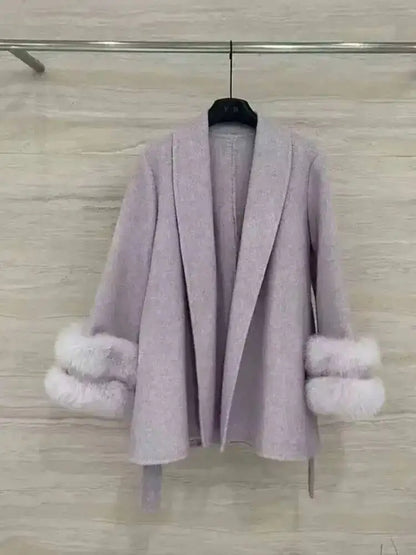 UCXQ Eleganter OL Business-Mantel Pelz-Patchwork Langarm Wollmantel Schöne Damenbekleidung Jacke Herbst 2025 Winter