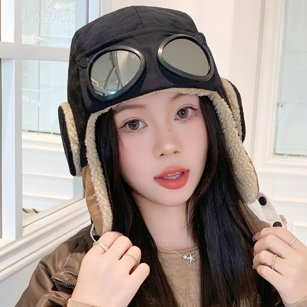 Neue Damen Warme Bombermützen mit Brille Plüsch Fell Wintermütze mit Ohrenklappen Winter Dandy Cap für Frauen
