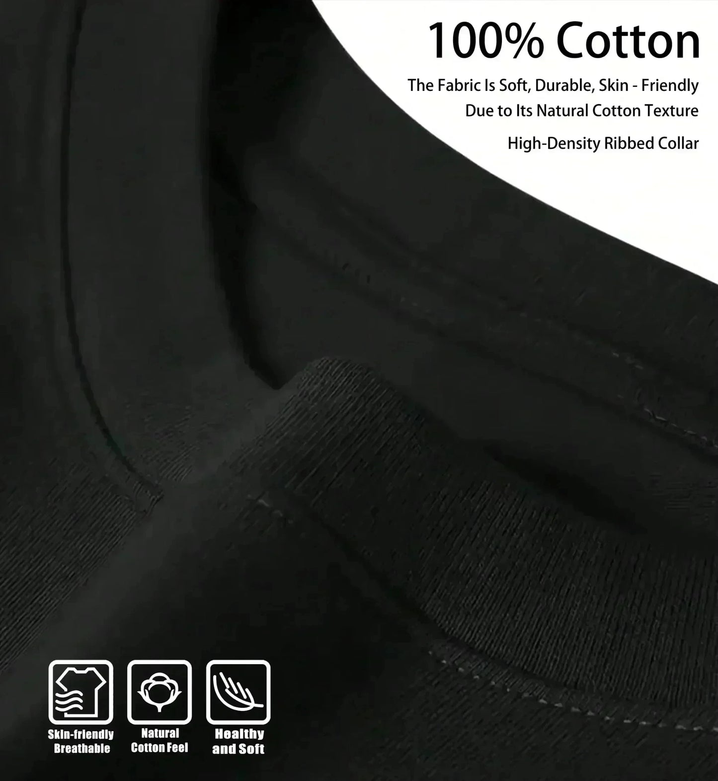 Close-up of a black shirt with text about 100% cotton and fabric properties.