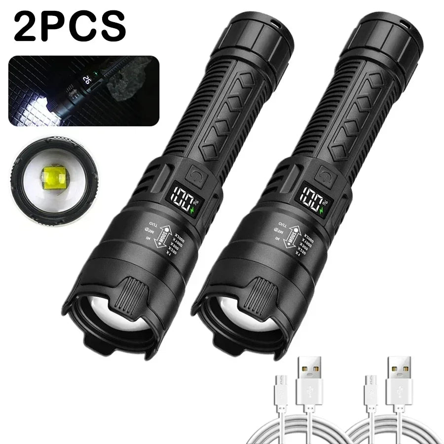 Leistungsstarke LED-Taschenlampen 300000LM Taktische Taschenlampe mit Displaylicht USB-Ladefunktion Camping Angeln Verteidigung Zoom-Laterne