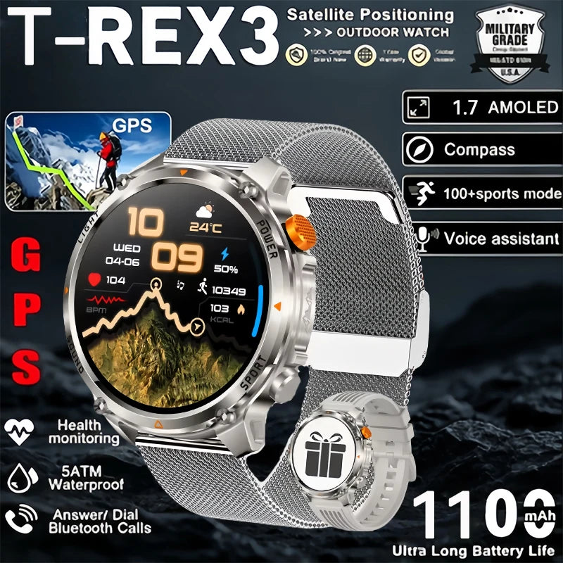 2026 New Military Outdoor Smart Watch Men GPS Compass Altimeter 5ATM Waterproof 1100mAh Battery Bluetooth Call Tactical Sports