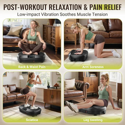Woman using a vibration machine for post-workout relaxation and pain relief in a living room setting.