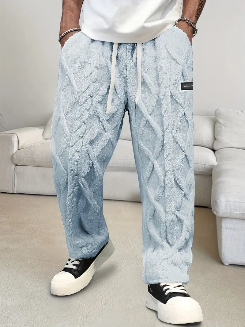 Men'S Winter Warm Fleece-Lined Pants with Drawstring Waist - Cozy Geometric Pattern Lightweight & Comfortable Outdoor Activities